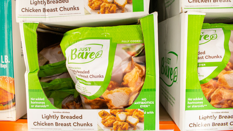 Bags of Just Bare chicken chunks in grocery store