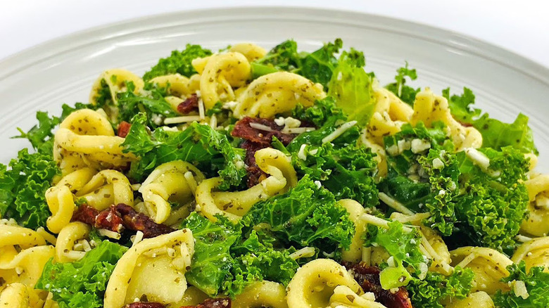 Kale pasta salad with sundried tomatoes on a white plate