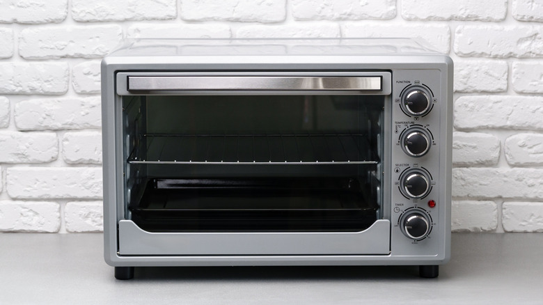 A toaster oven on a kitchen counter