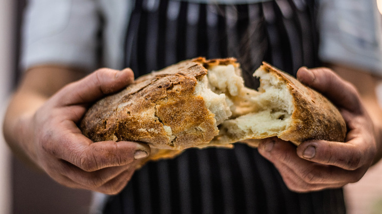 man pulling apart sourdough bread