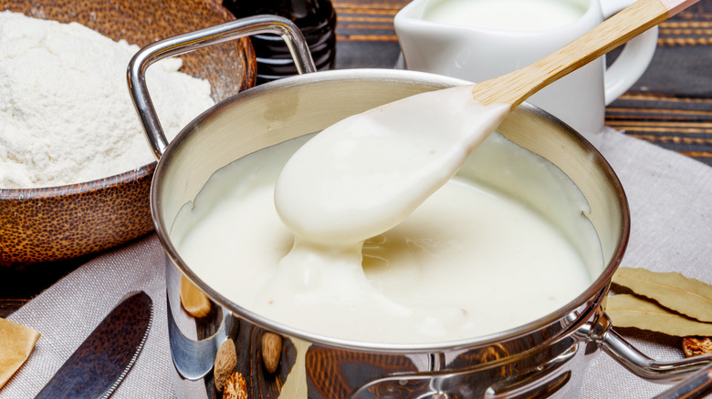 Close-up on a pot of Bechamel sauce
