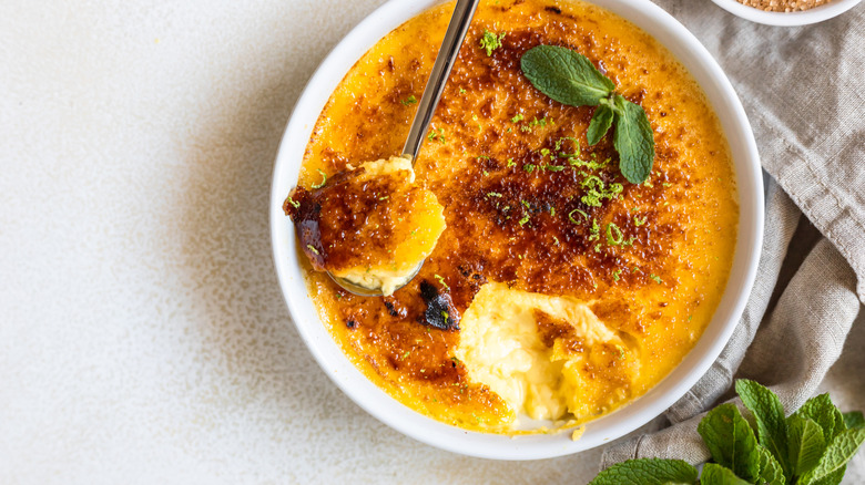 Overhead view of a ramekin of crème brûlée