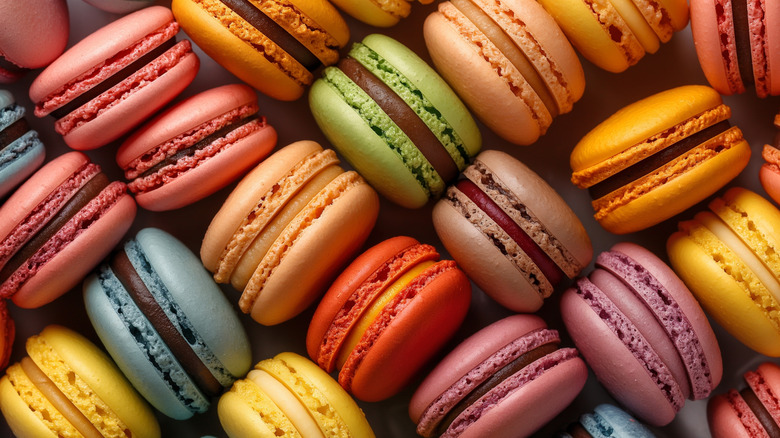 Close-up on an assortment of colorful macarons
