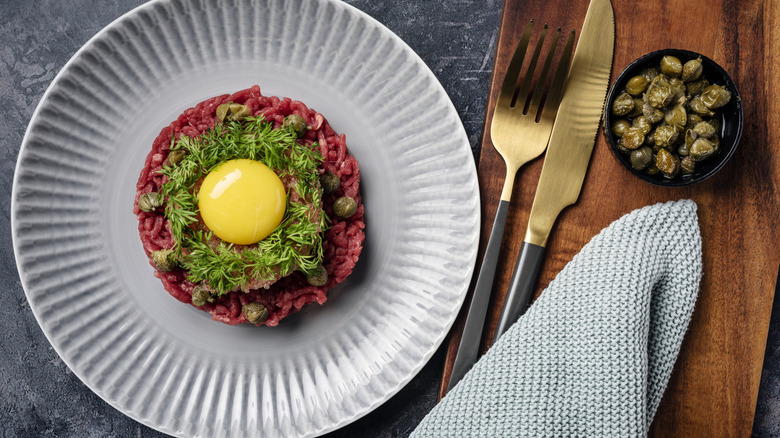 Overhead view of a plate of steak tartare