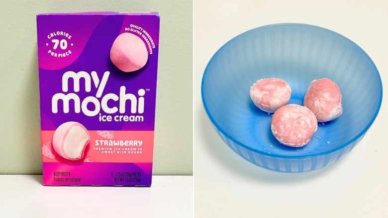 A box of My Mochi Strawberry Ice Cream next to a blue bowl of strawberry mochi