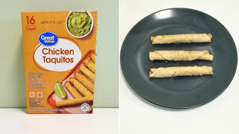 A box of Great Value Chicken Taquitos next to a black plate of taquitos