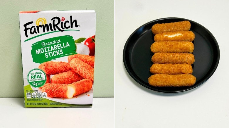 A box of Farm Rich Breaded Mozzarella Sticks next to a black plate with mozzarella sticks