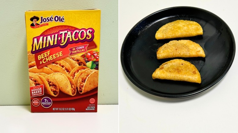 A box of Jose Ole Mini Tacos next to a black plate of mini tacos
