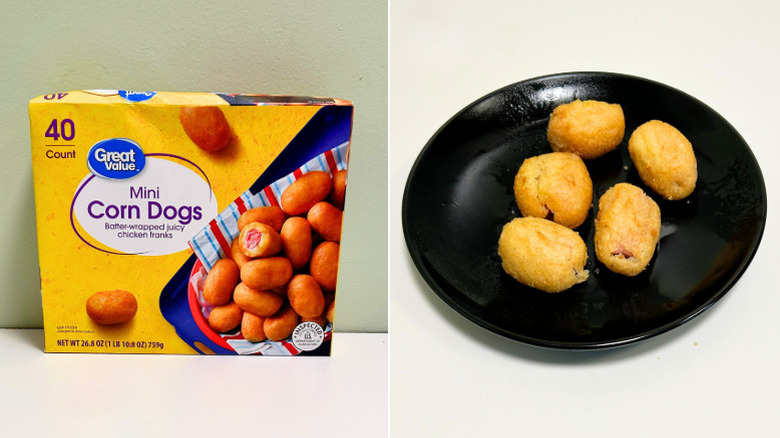 A box of Great Value Mini Corn Dogs next to a black plate of mini corn dogs