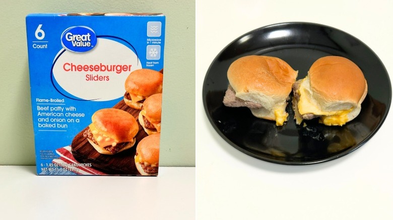 A box of Great Value Cheeseburger Sliders next to a black plate with sliders
