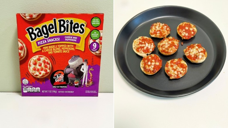 A box of Bagel Bites next to a black plate of Bagel Bites