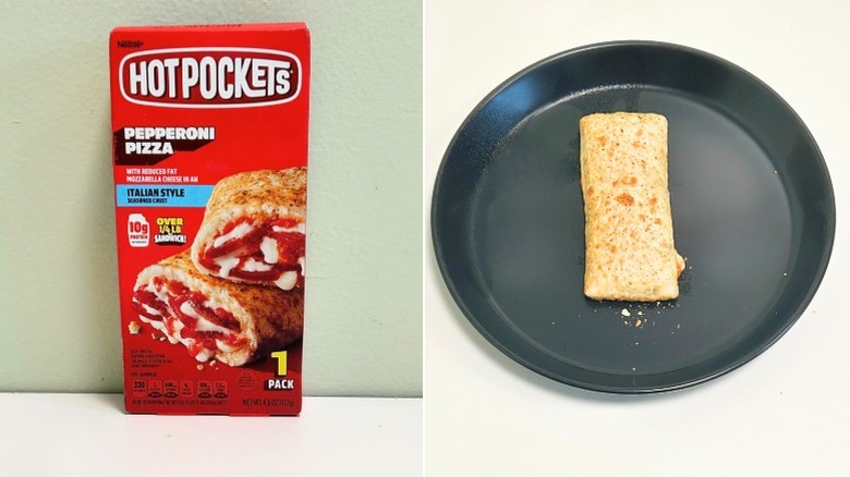A box of Hot Pockets Pepperoni Pizza next to a black plate with a hot pocket on it