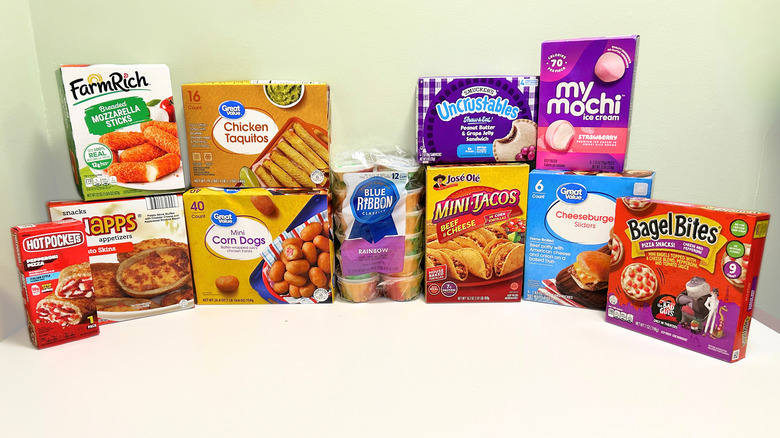 Several frozen snacks you can find at Walmart against a green and white background