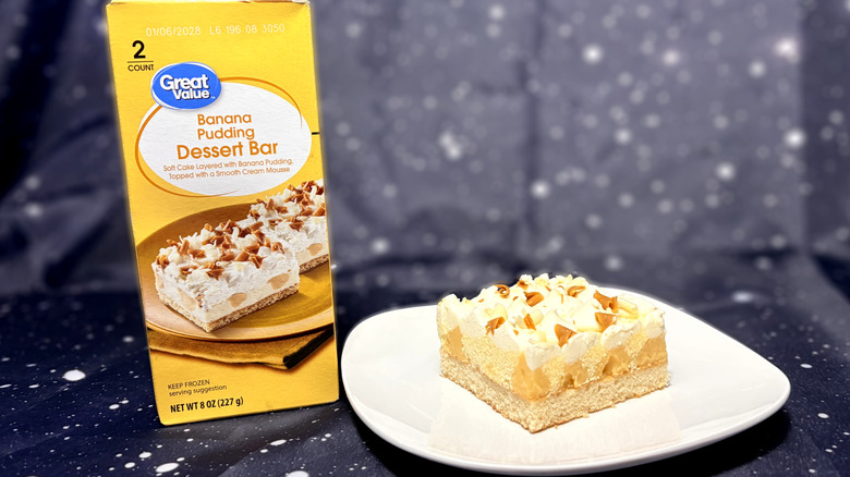 Great Value dessert bar on plate next to package