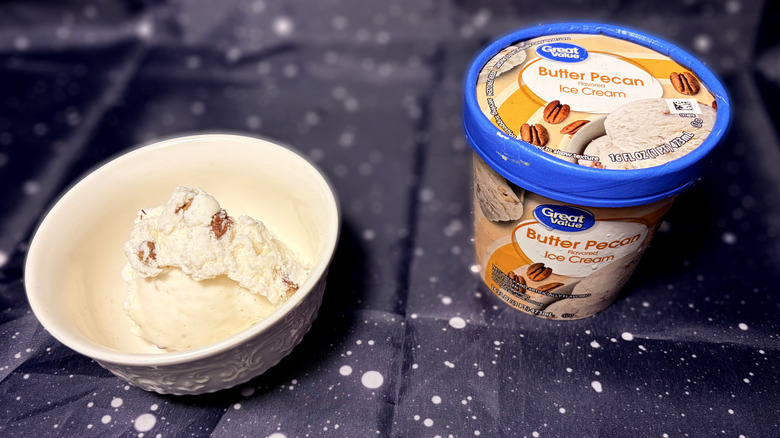 Carton and bowl of Great Value ice cream