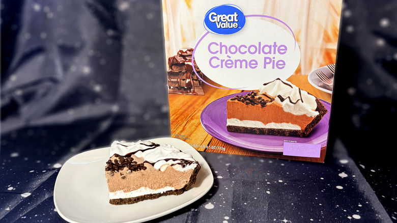 Great Value pie slice on plate next to package