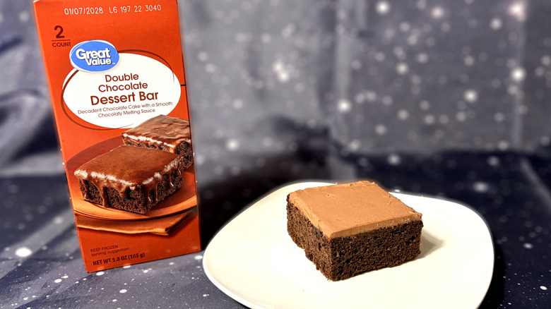 Great Value dessert bar on plate next to package