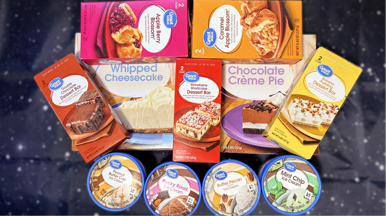 Arrangement of packaged Great Value desserts