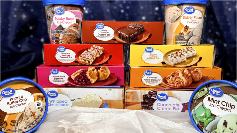 Arrangement of packaged Great Value desserts