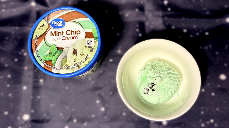 Carton and bowl of Great Value ice cream