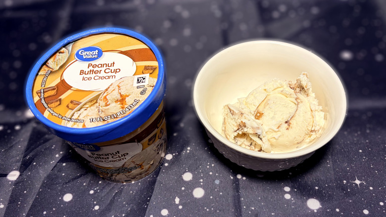 Carton and bowl of Great Value ice cream