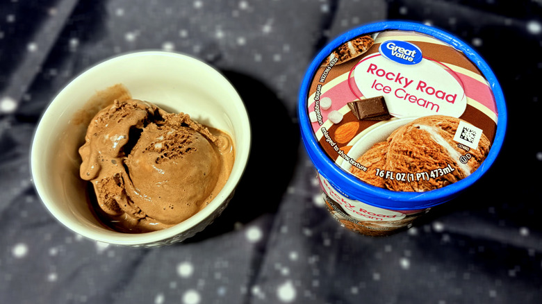 Carton and bowl of Great Value ice cream