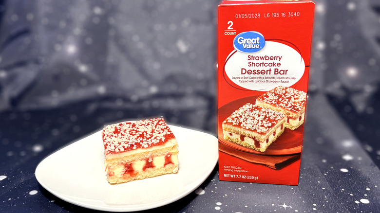 Great Value dessert bar on plate next to package