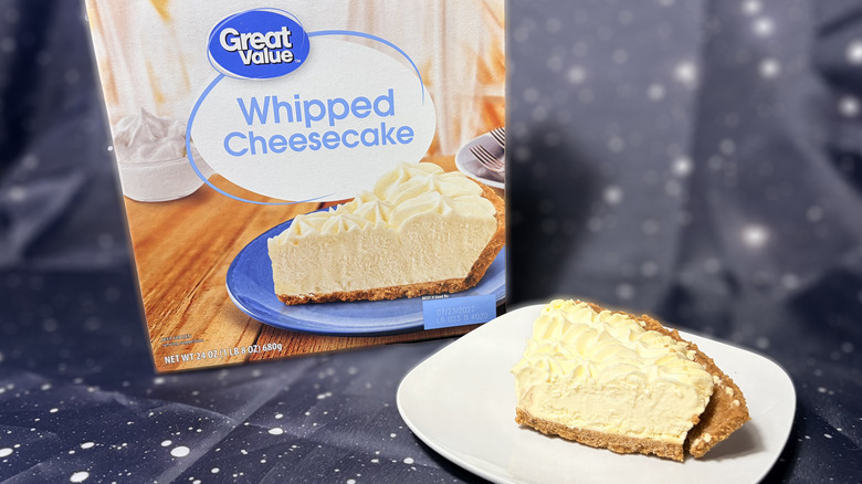 Great Value cheesecake slice on plate next to package