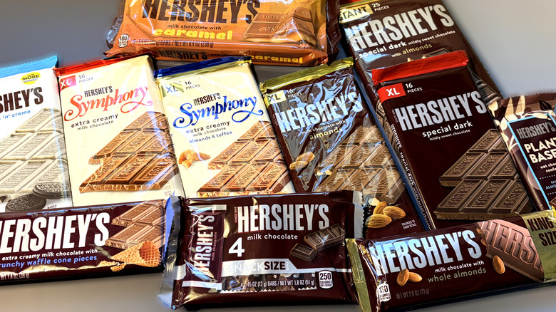 Variety of Hershey's chocolate bars arranged on table