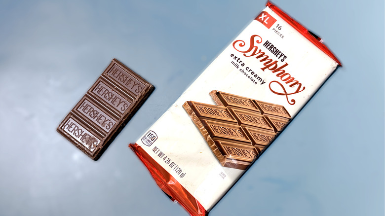 Piece of Hershey's Symphony chocolate bar next to packaged bar