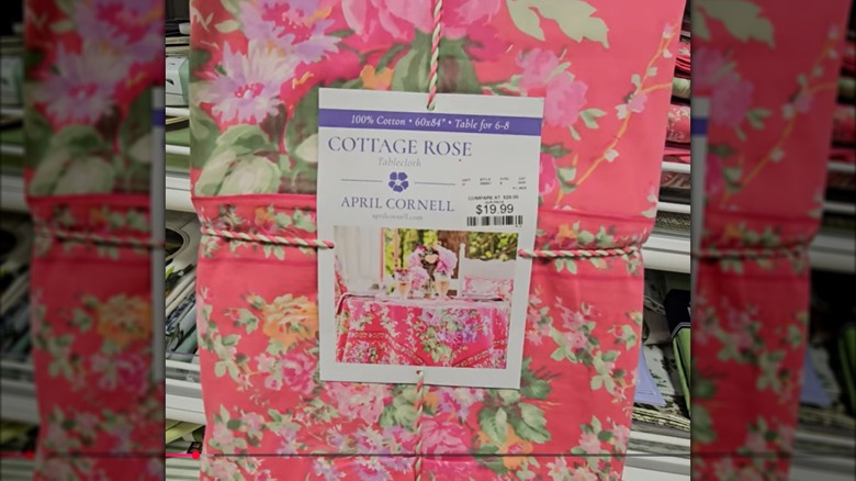 Pink and floral tablecloth with price tag at HomeGoods.