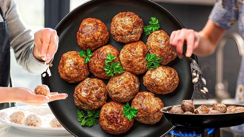 Hands seasoning meatballs