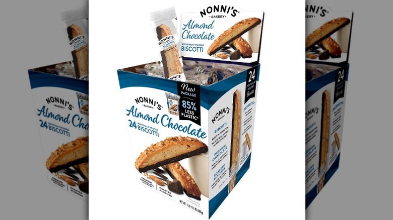 Nonni's almond chocolate biscotti on white background