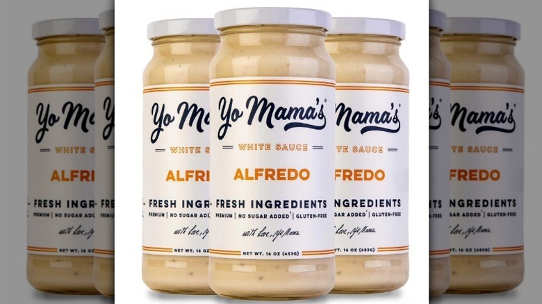 Yo Mama's alfredo sauce on white background