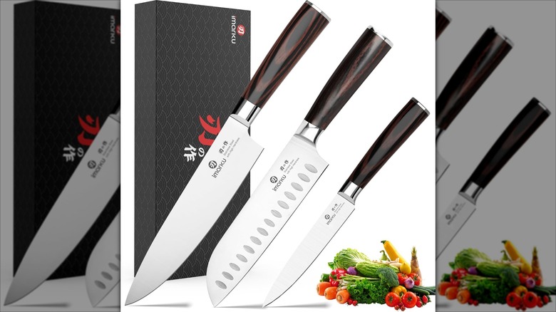 imarku 3-piece knife set with a black box against a white background and an assortment of produce in the corner of the image.