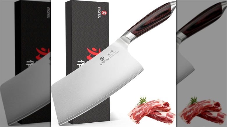 imarku cleaver with a black box against a white background and an image of sliced raw meat in the corner,