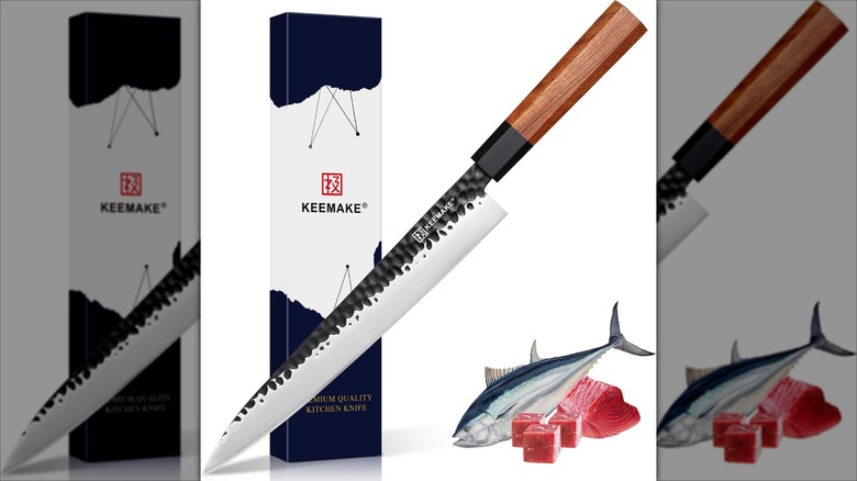 KEEMMAKE yanagiba knife with a white and black box against a white background with an image of whole and cubed tuna in the corner.
