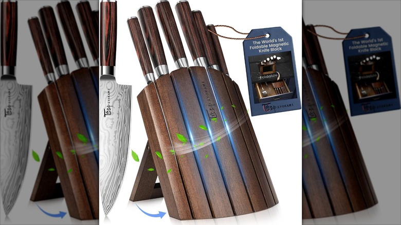 SYOKAMI 7-piece knife set with foldable wood block against a white background.
