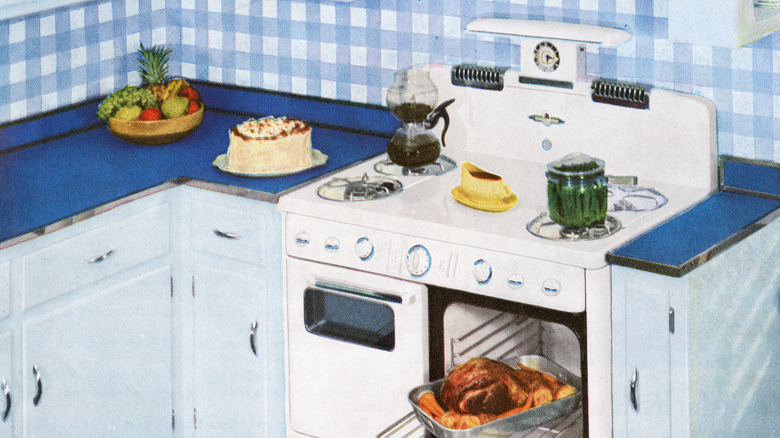 Drawing of a blue 1950s kitchen