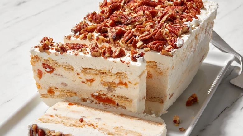 Sliced icebox cake with pecans