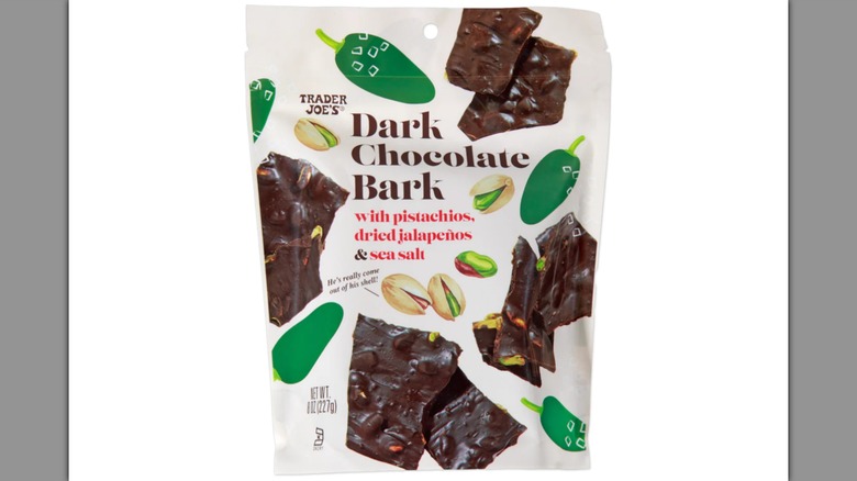 A bag of Dark Chocolate Bark with Pistachios, Dried Jalapeños & Sea Salt on a white background