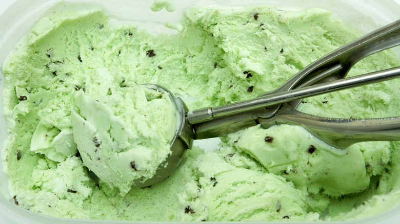 Close-up on a vintage ice cream scoop taking from a contianer of mint chip ice cream