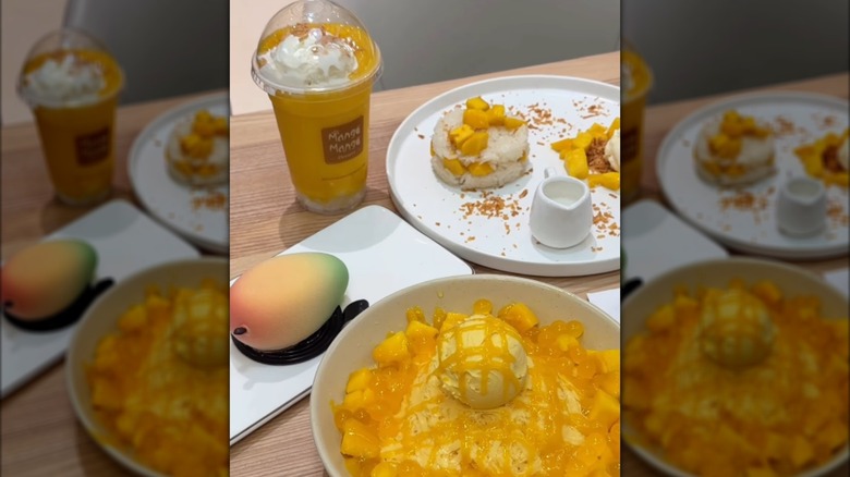 A mango smoothie, sticky rice dish, and bowl with mango ice cream