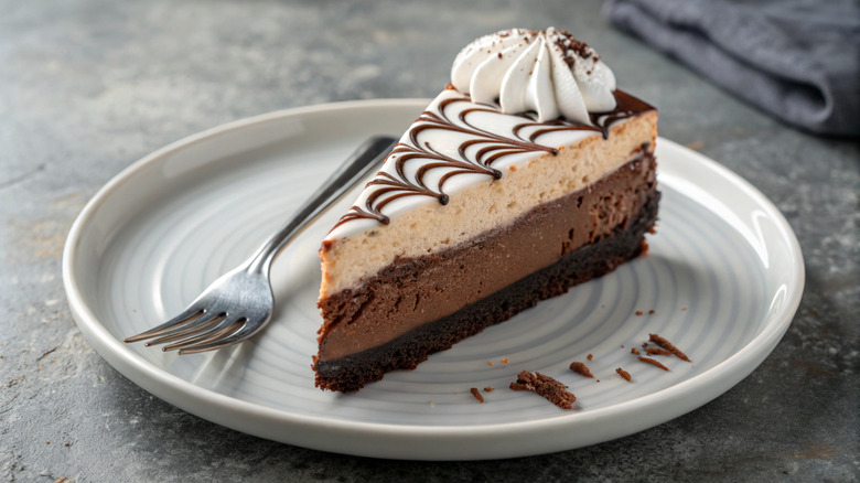 A slice of chocolate and vanilla cheesecake from The Cheesecake Factory