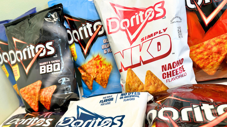 Close up of several bags of popular Doritos flavors