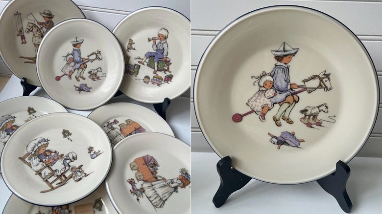 Side-by-side photos of a pile of Lenox plates with the Special pattern, next to a picture of a single Special Lenox plate with two kids riding a toy horse