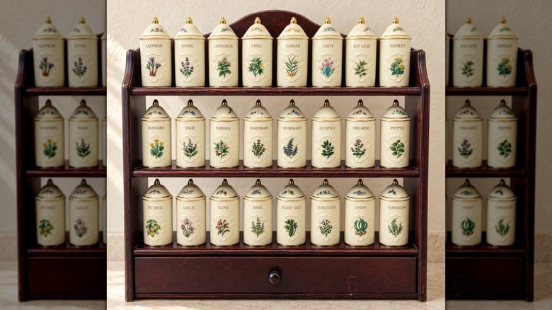 A shelf showcasing the 24-piece set of Lenox Spice Garden jars