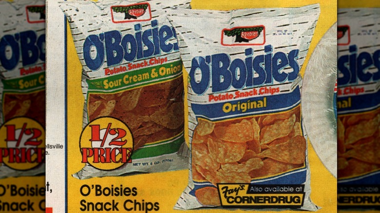 A vintage advertisement for Keebler O'Boisies depicting two bags of chips on a yellow background