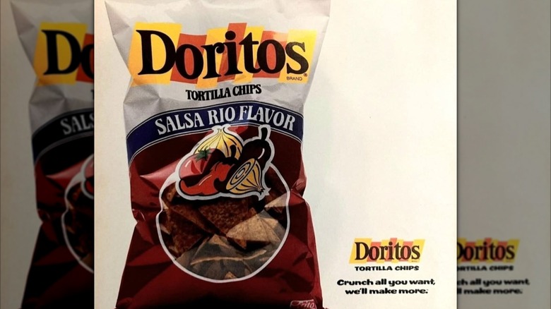 A vintage advertisement depicting a bag of Salsa Rio Doritos on a beige background