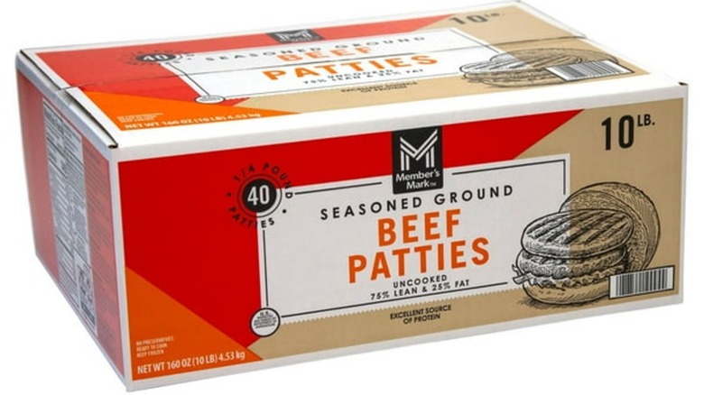 A box of member's Mark Seasoned Ground Beef Patties isolated on a white background